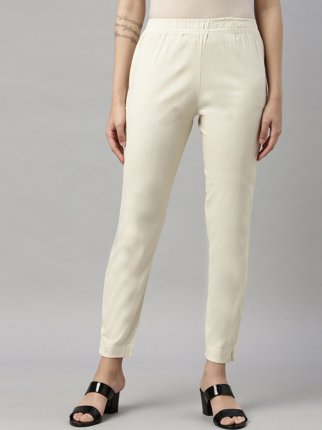 

GOLDSTROMS Women Cream-Coloured Cotton Cigarette Trousers