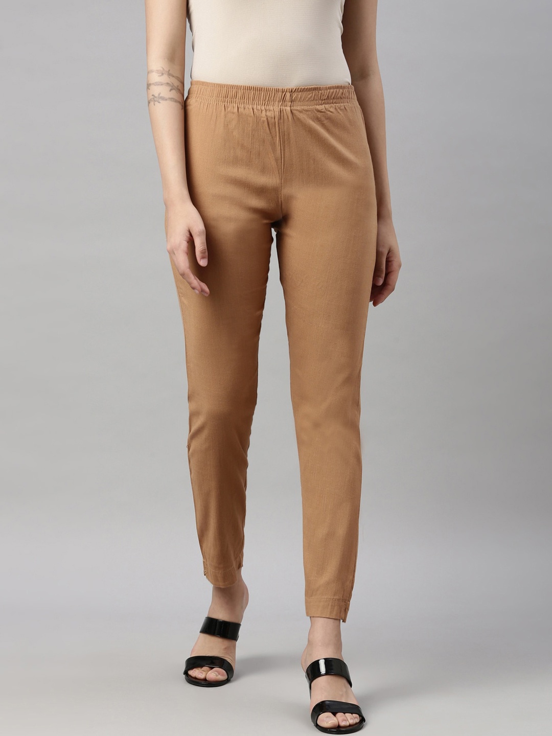 

GOLDSTROMS Women Khaki Cotton Cigarette Trousers