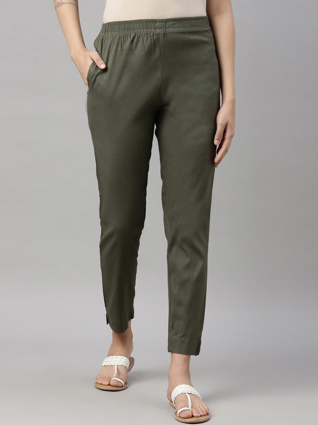 

GOLDSTROMS Women Olive Green Cigarette Trousers