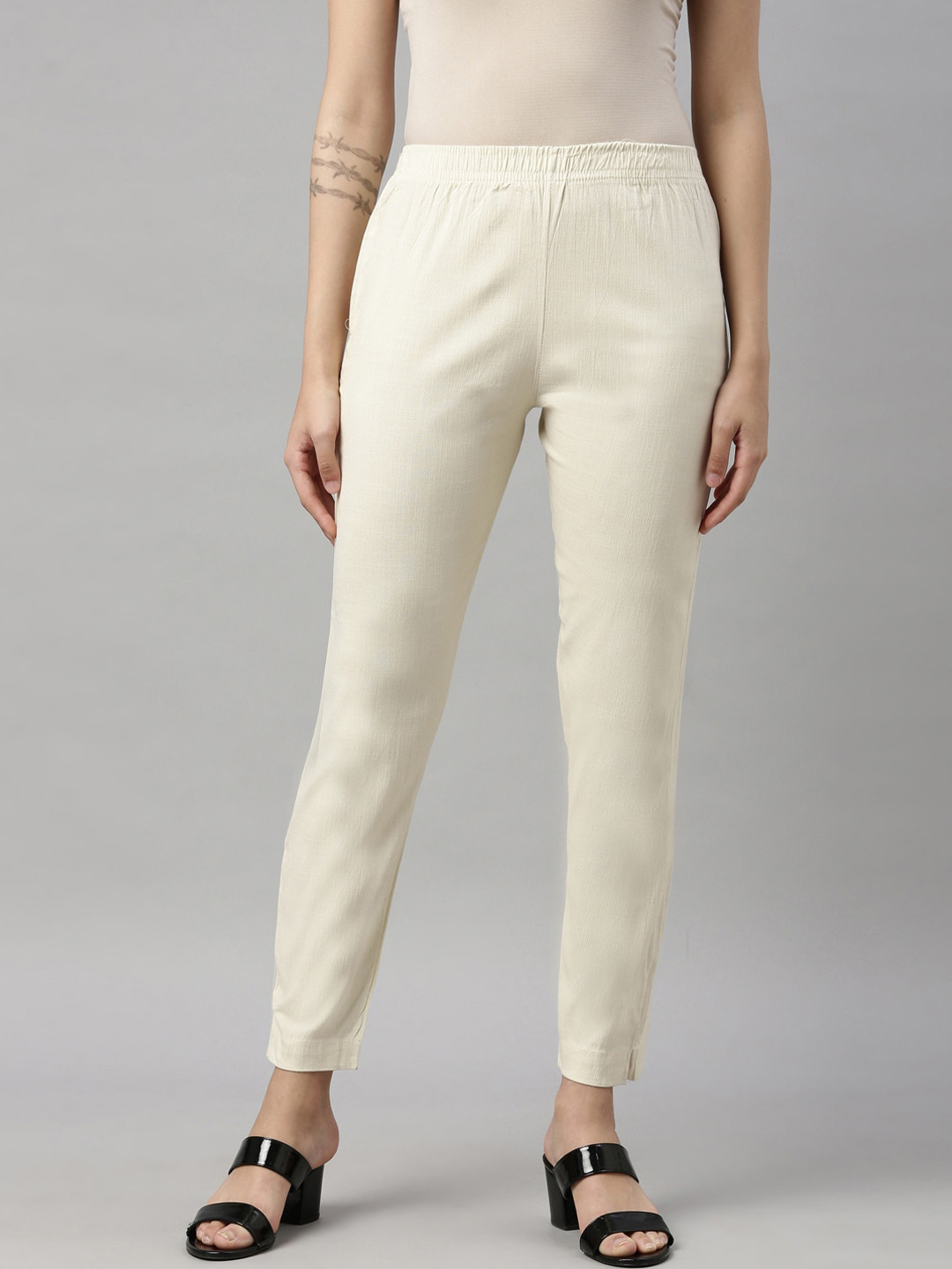 

GOLDSTROMS Women Cream-Coloured Cotton Cigarette Trousers