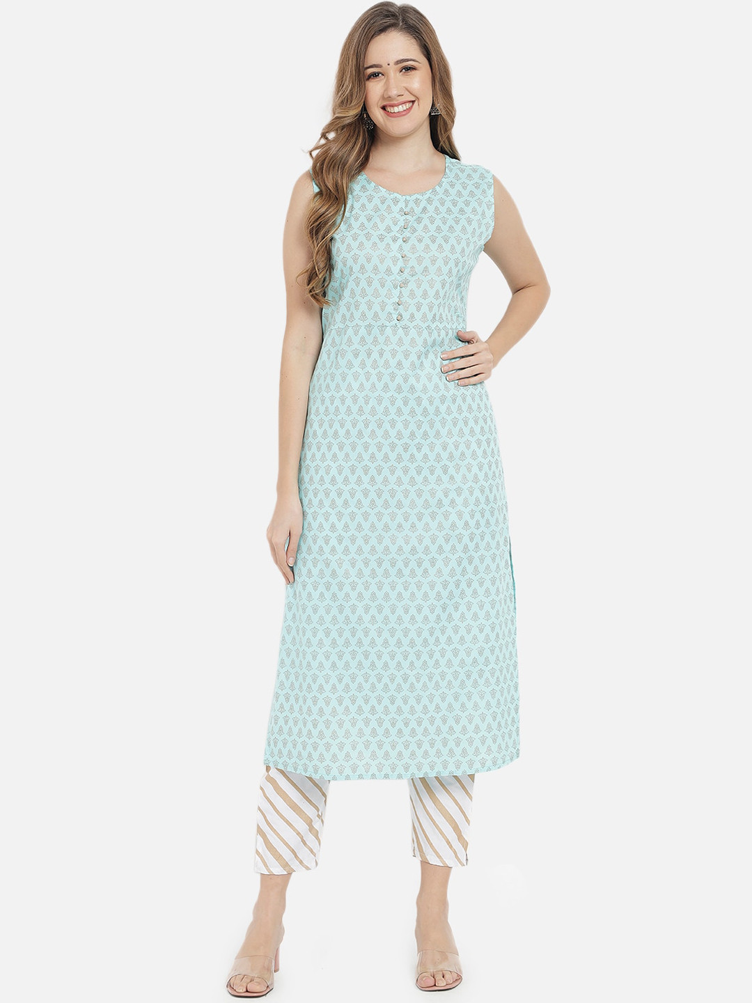 

Meeranshi Women Turquoise Blue Ethnic Motifs Printed Kurta with Trousers