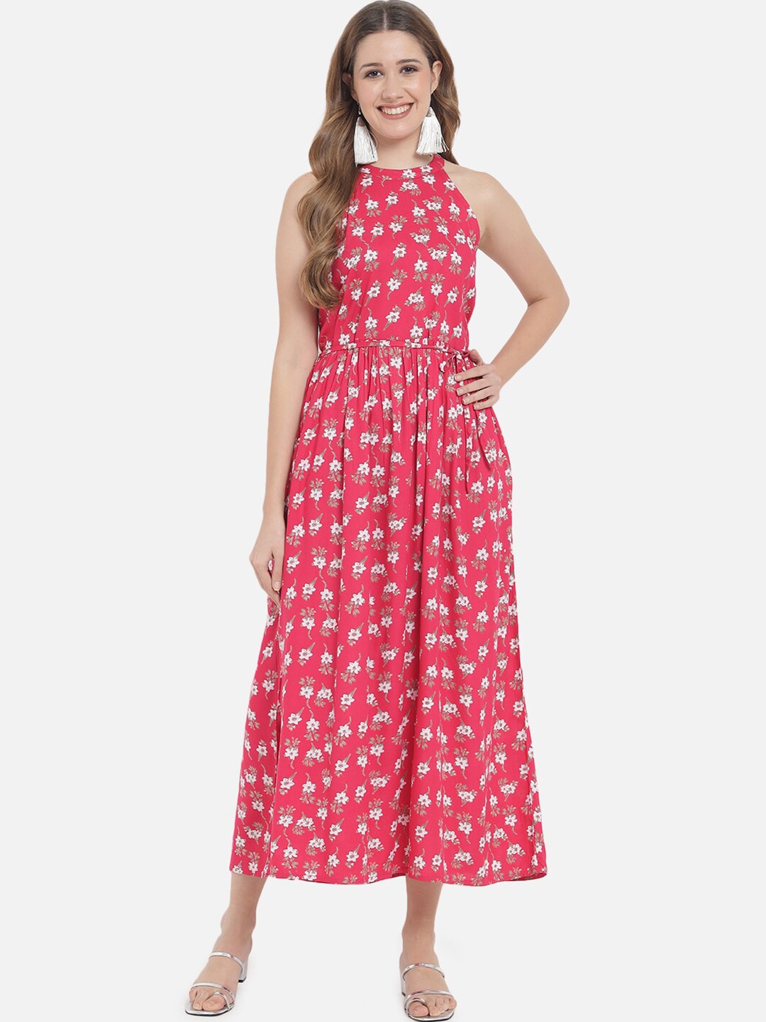 

Meeranshi Fuchsia Pink Floral Printed Halter Neck Midi Fit & Flare Dress