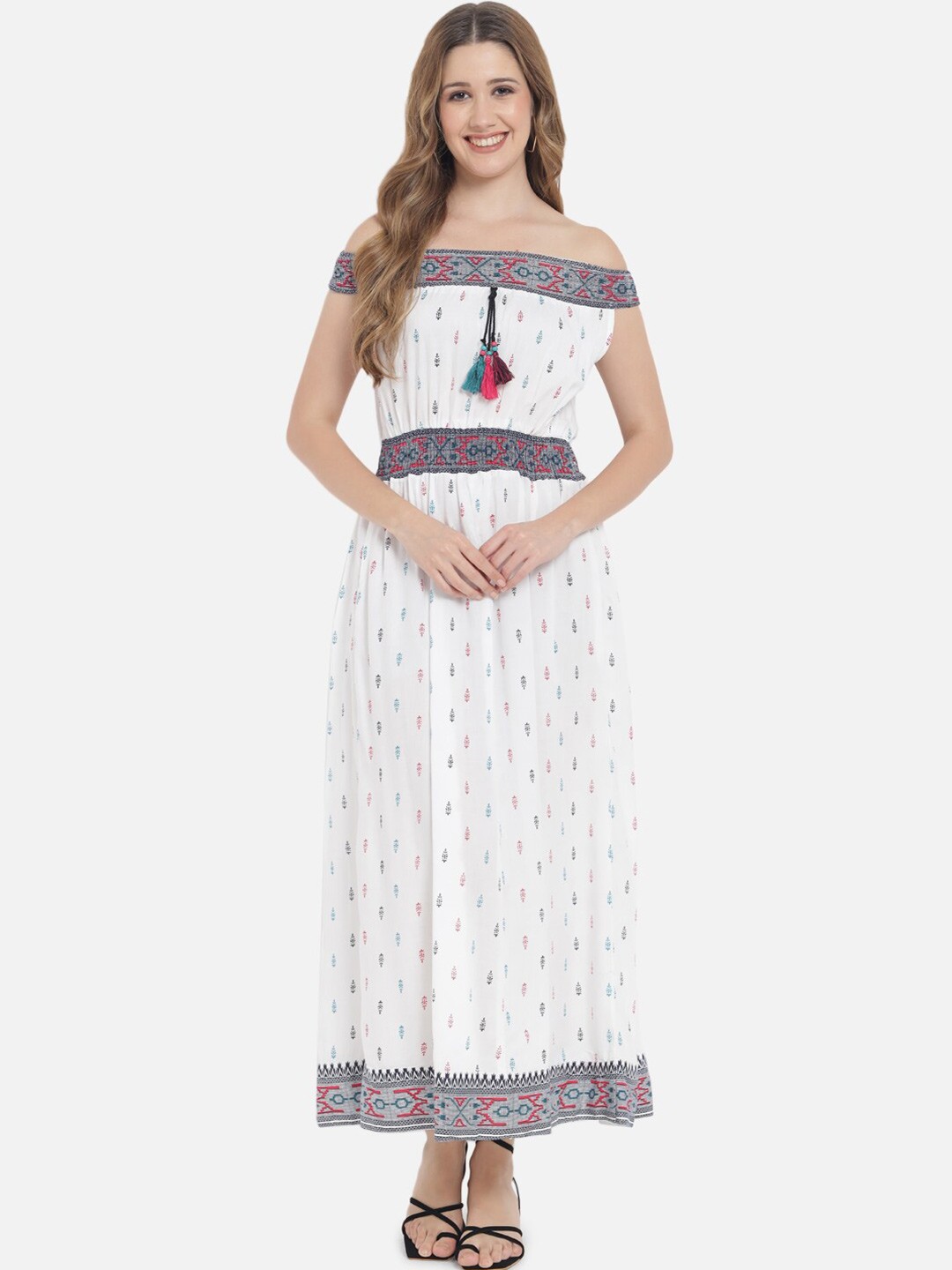 

Meeranshi White Tribal Printed Off-Shoulder Midi Fit & Flared Dress