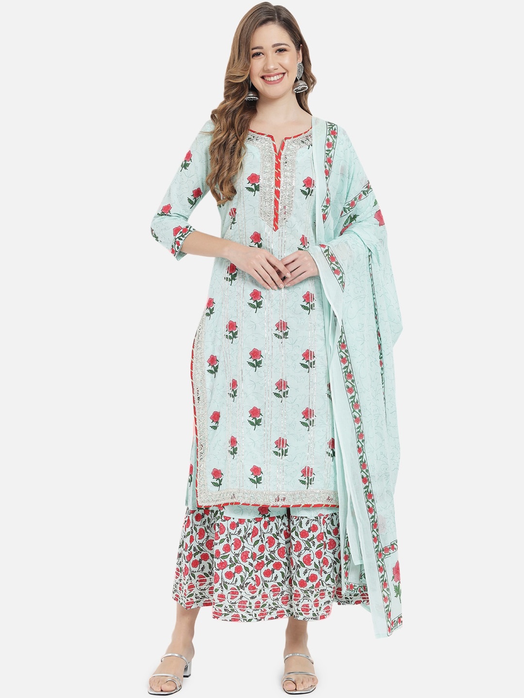 

Meeranshi Women Blue Floral Printed Pure Cotton Kurta with Palazzos & Dupatta