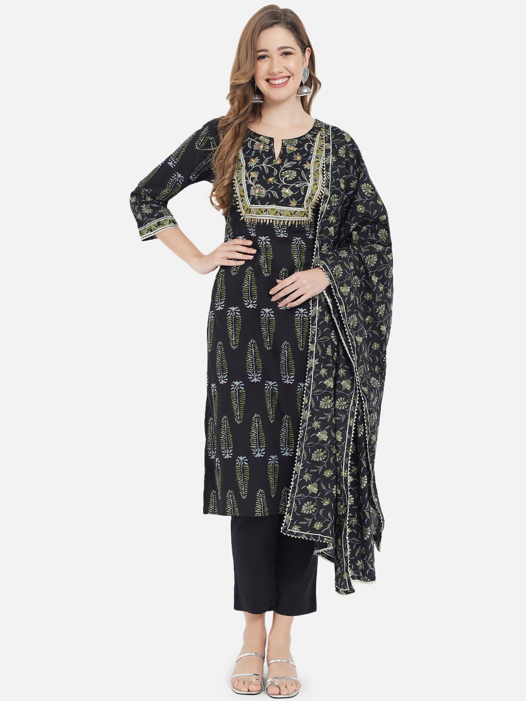 

Meeranshi Black Ethnic Motifs Printed Pure Cotton Kurta with Trousers & Dupatta