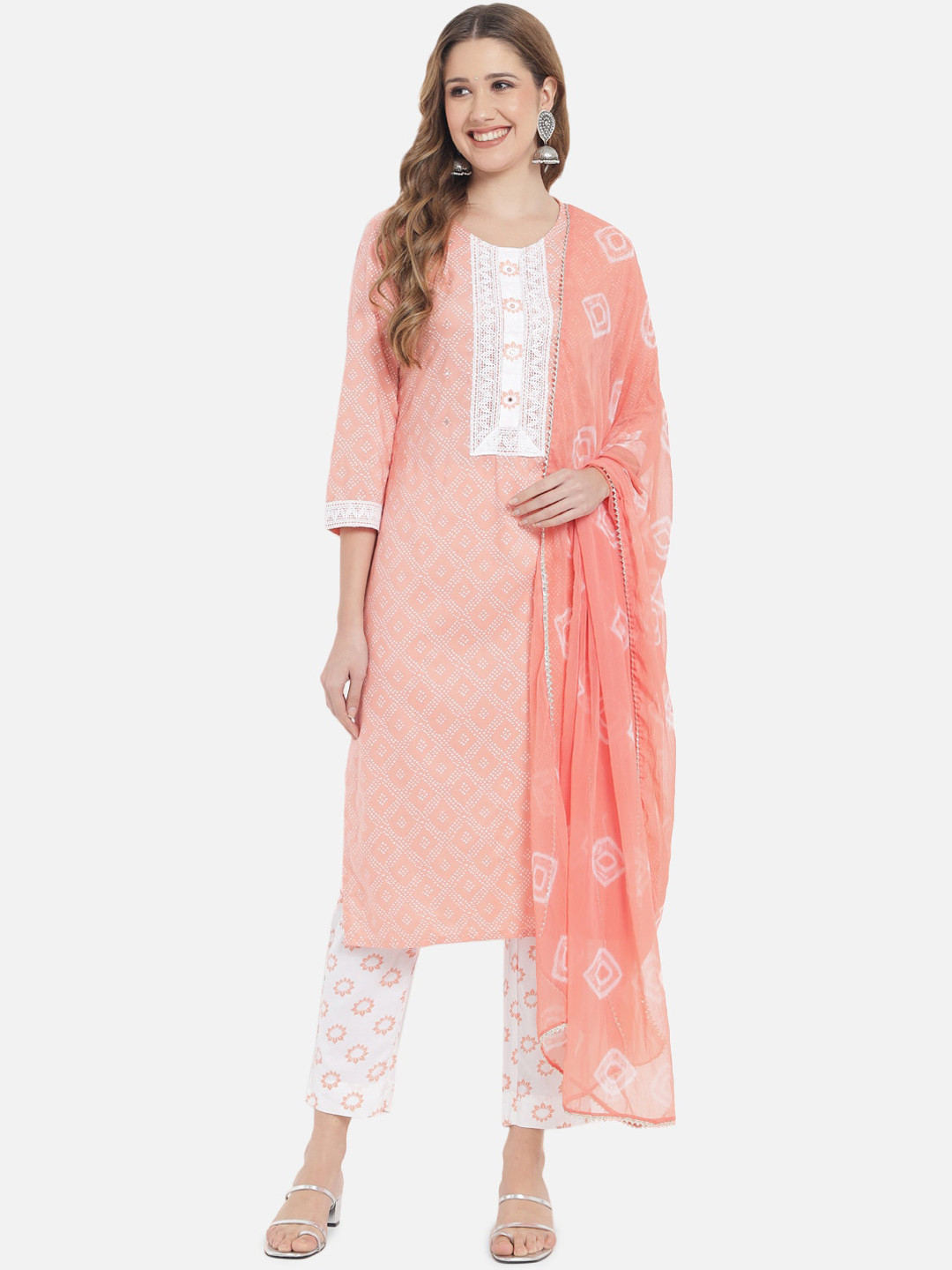 

Meeranshi Women Peach Ethnic Motifs Gotta Patti Cotton Kurta with Trousers & Dupatta