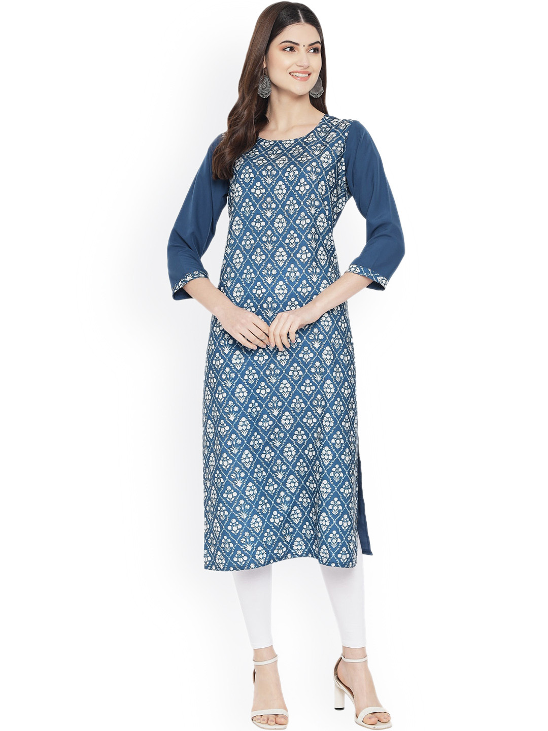 

Ethnic basket Women Teal Ethnic Motifs Printed Floral Crepe Kurta