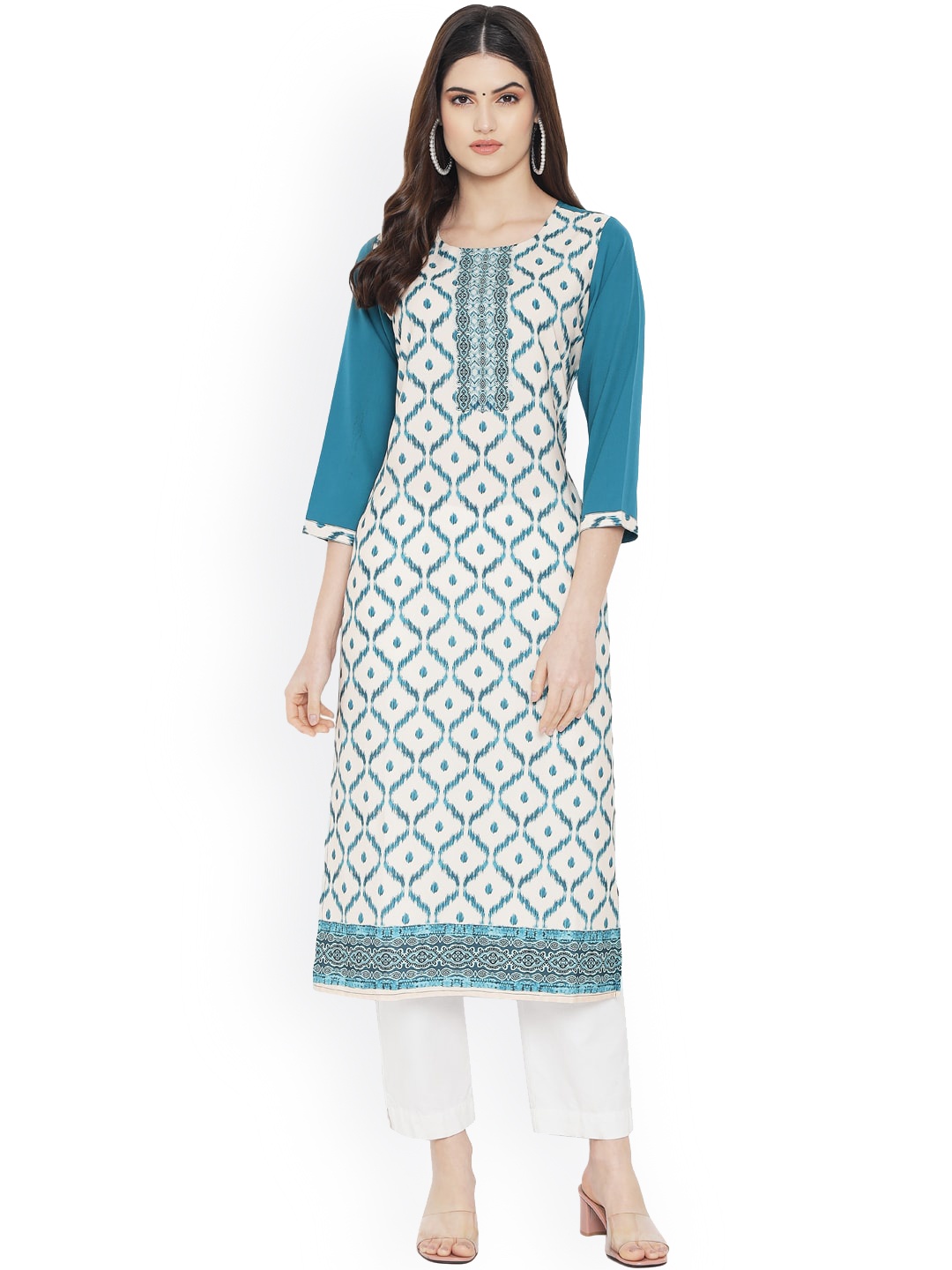 

Ethnic basket Women Green & Beige Geometric Printed Floral Crepe Kurta