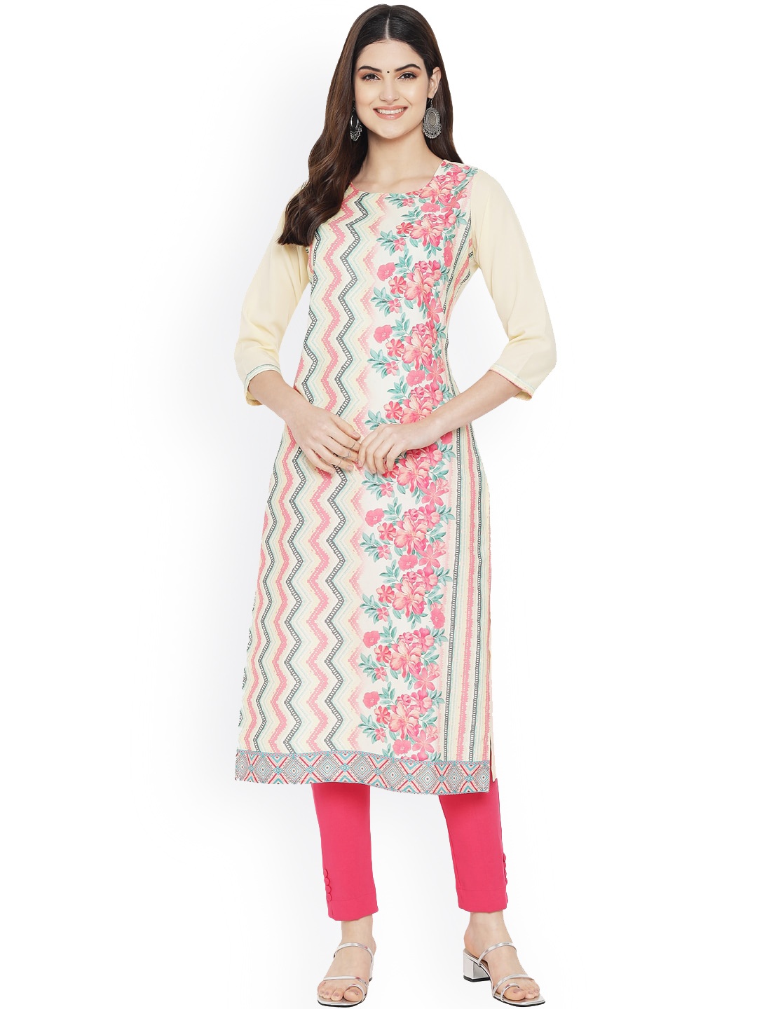 

Ethnic basket Women Yellow & Pink Ethnic Motifs Printed Floral Crepe Kurta