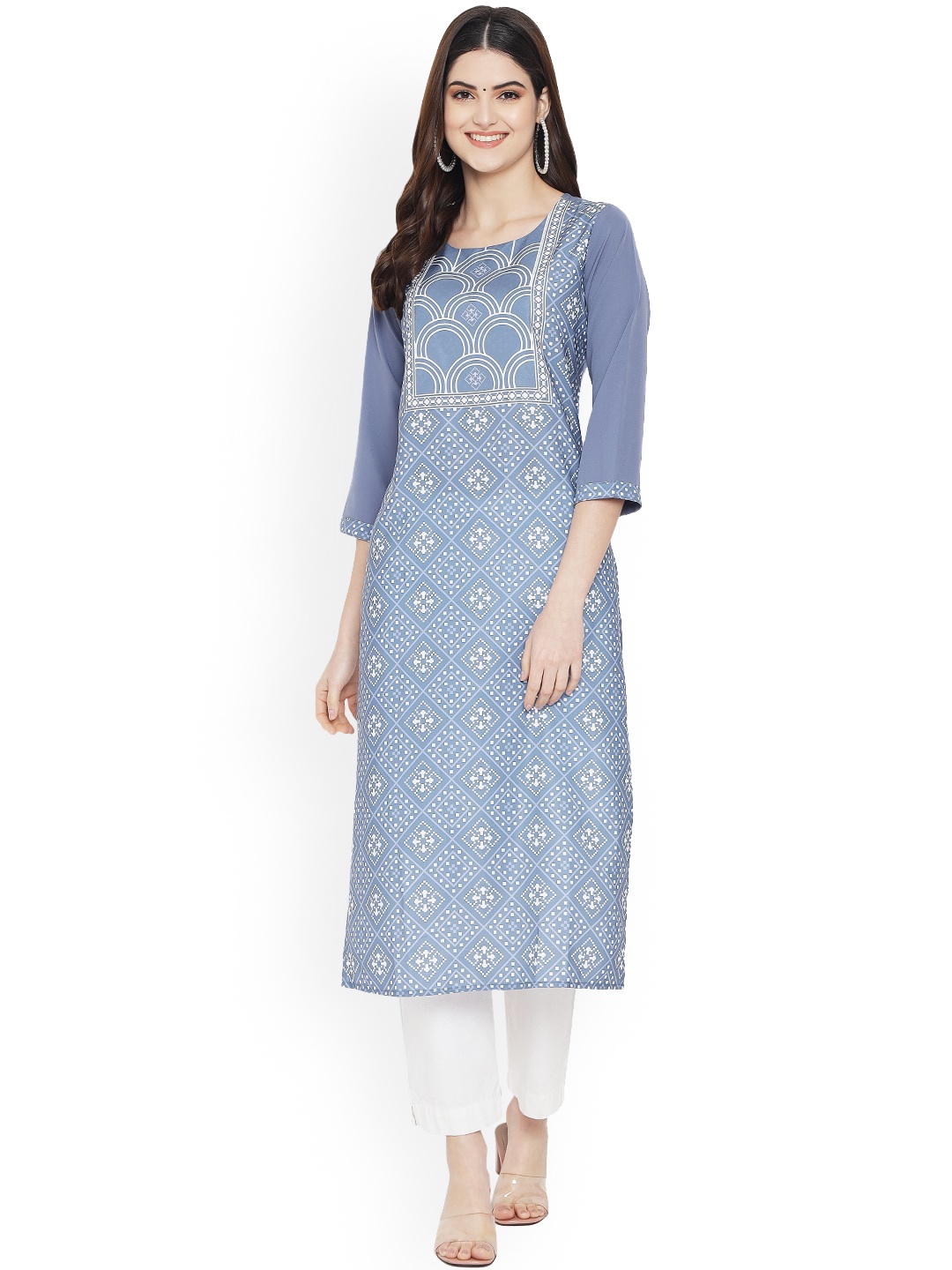 

Ethnic basket Women Grey Geometric Printed Floral Crepe Kurta