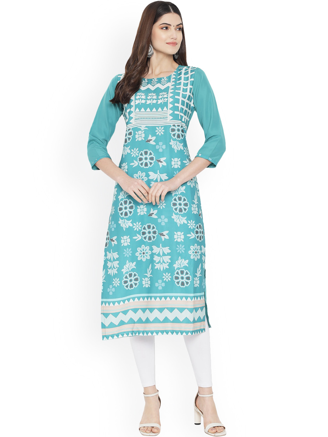 

Ethnic basket Women Turquoise Blue & White Geometric Printed Crepe Kurta