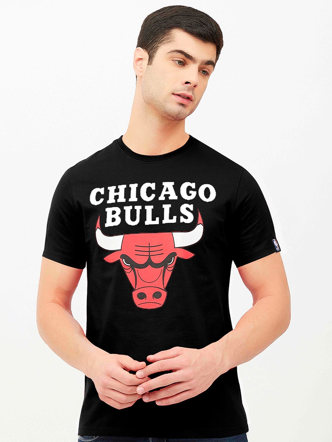 

NBA Men Black & Red Chicago Bulls Classic Crest Printed Sublimation Cotton T-shirt