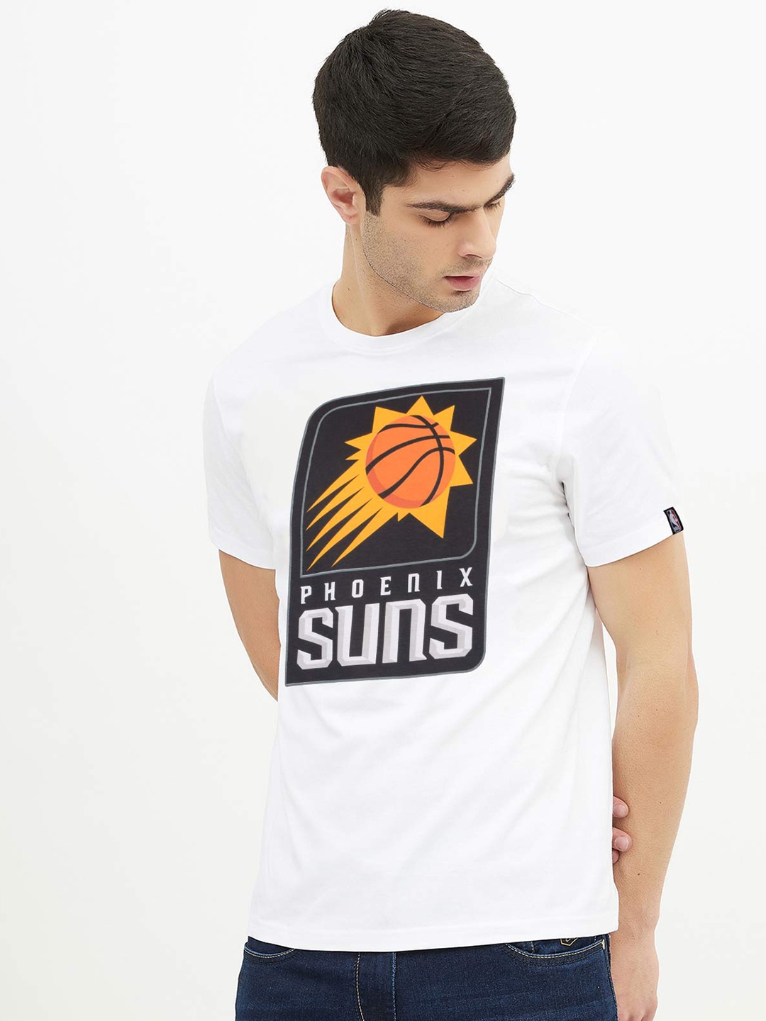 

NBA Men White & Black Phoenix Suns: Classic Crest Printed T Shirt