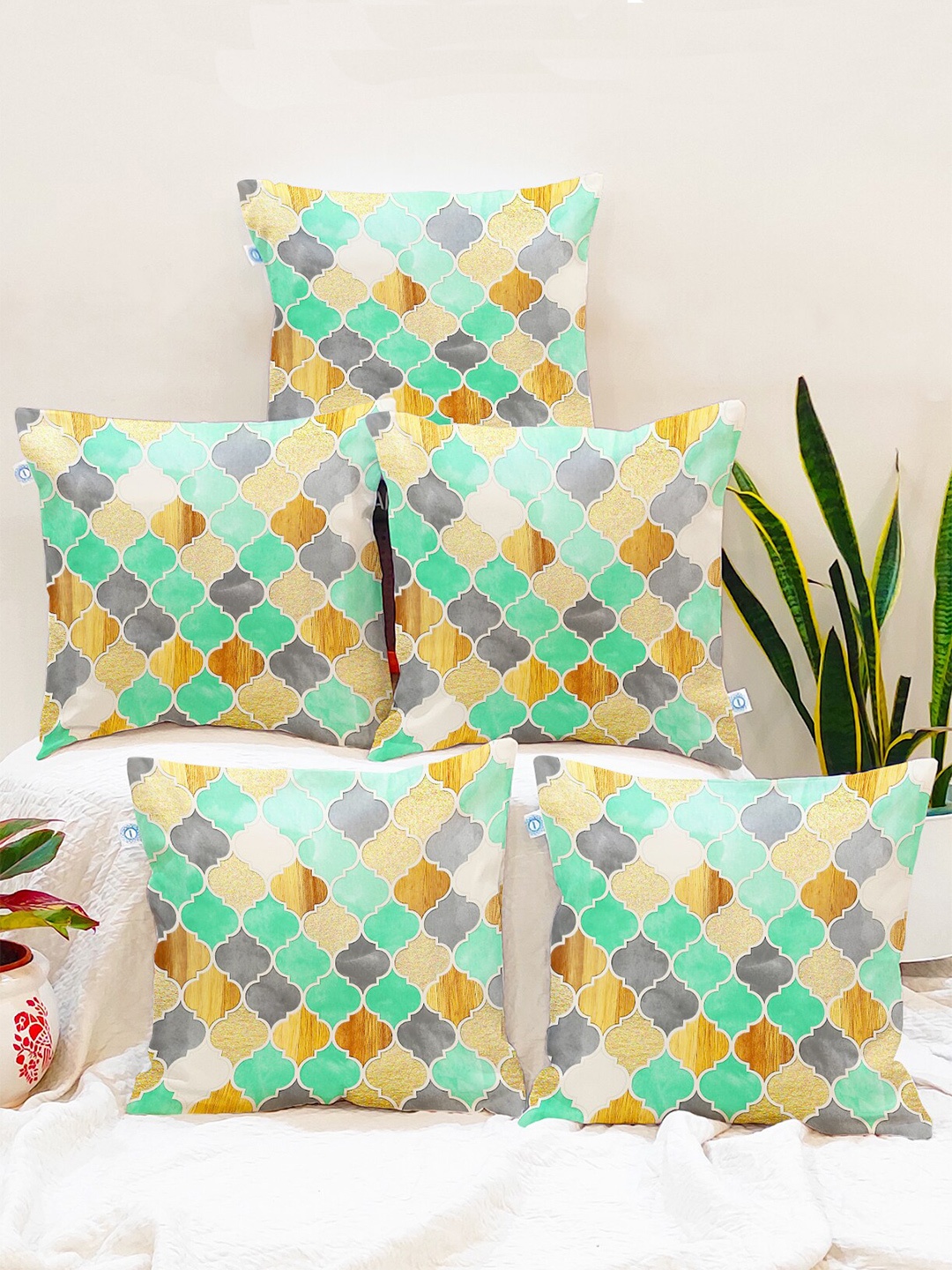 

STITCHNEST Green & Blue Set of 5 Geometric Printed Square Cushion Covers