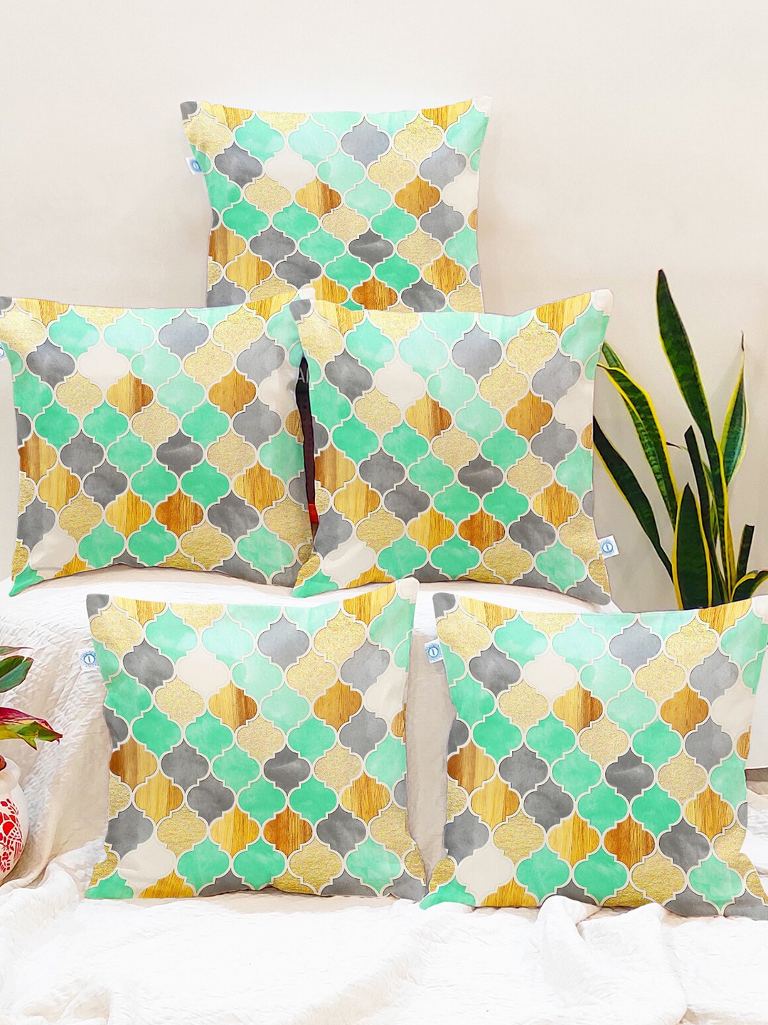 

STITCHNEST Green & Yellow Set of 5 Ethnic Motifs Square Cushion Covers