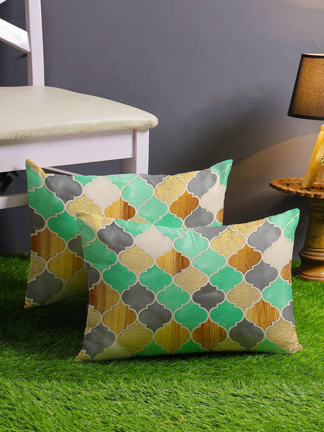 

STITCHNEST Green & Cream Set Of 2 Geometric Printed Rectangle Cushion Covers