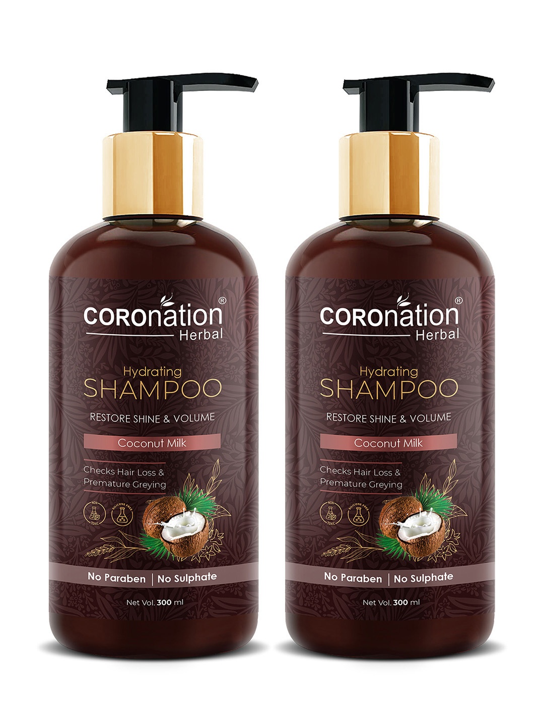 COROnation Herbal Set of 2 Coconut Milk Hydrating Shampoo 300 ml Each, Brown