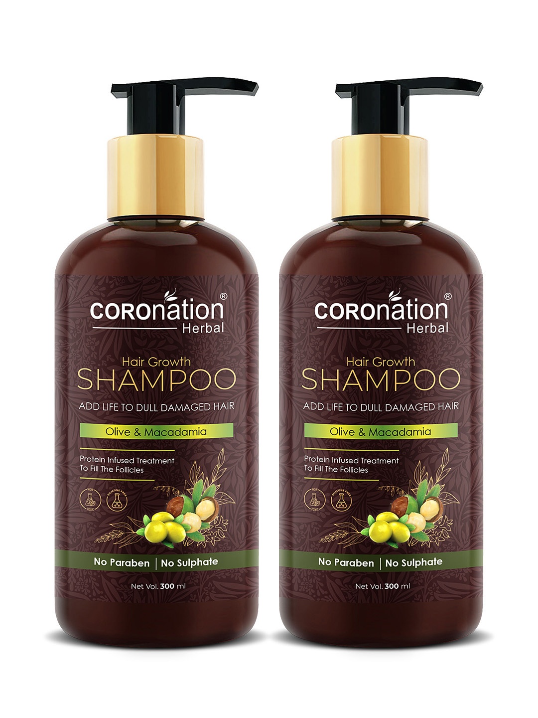 

COROnation Herbal Set of 2 Olive & Macadamia Hair Growth Shampoo 300 ml Each, Brown