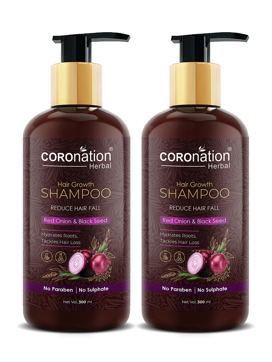 

COROnation Herbal Set of 2 Red Onion & Black Seed Hair Growth Shampoo 300 ml Each, Brown