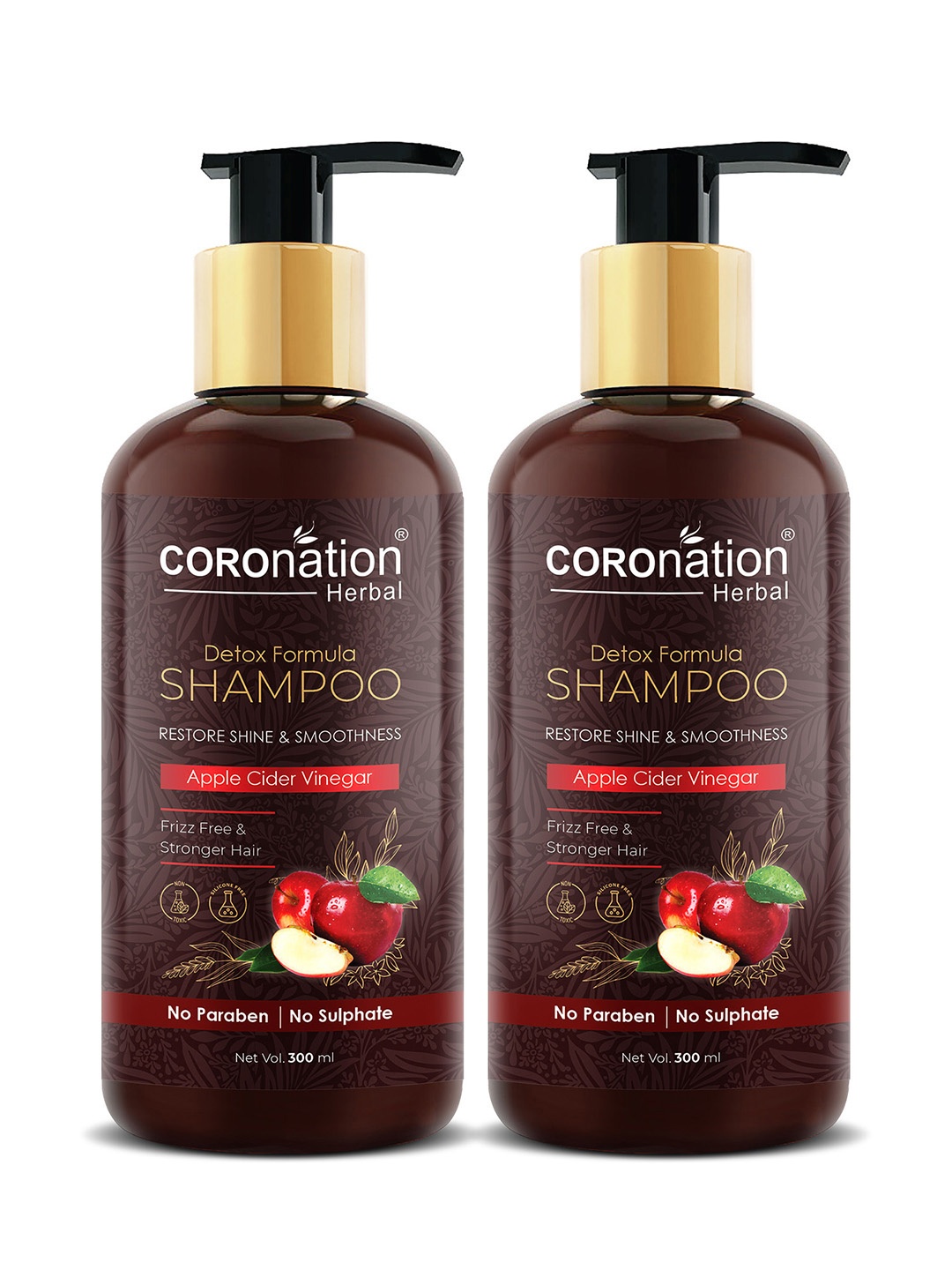 

COROnation Herbal Set of 2 Apple Cider Vinegar Detox Formula Shampoo 300 ml Each, Brown