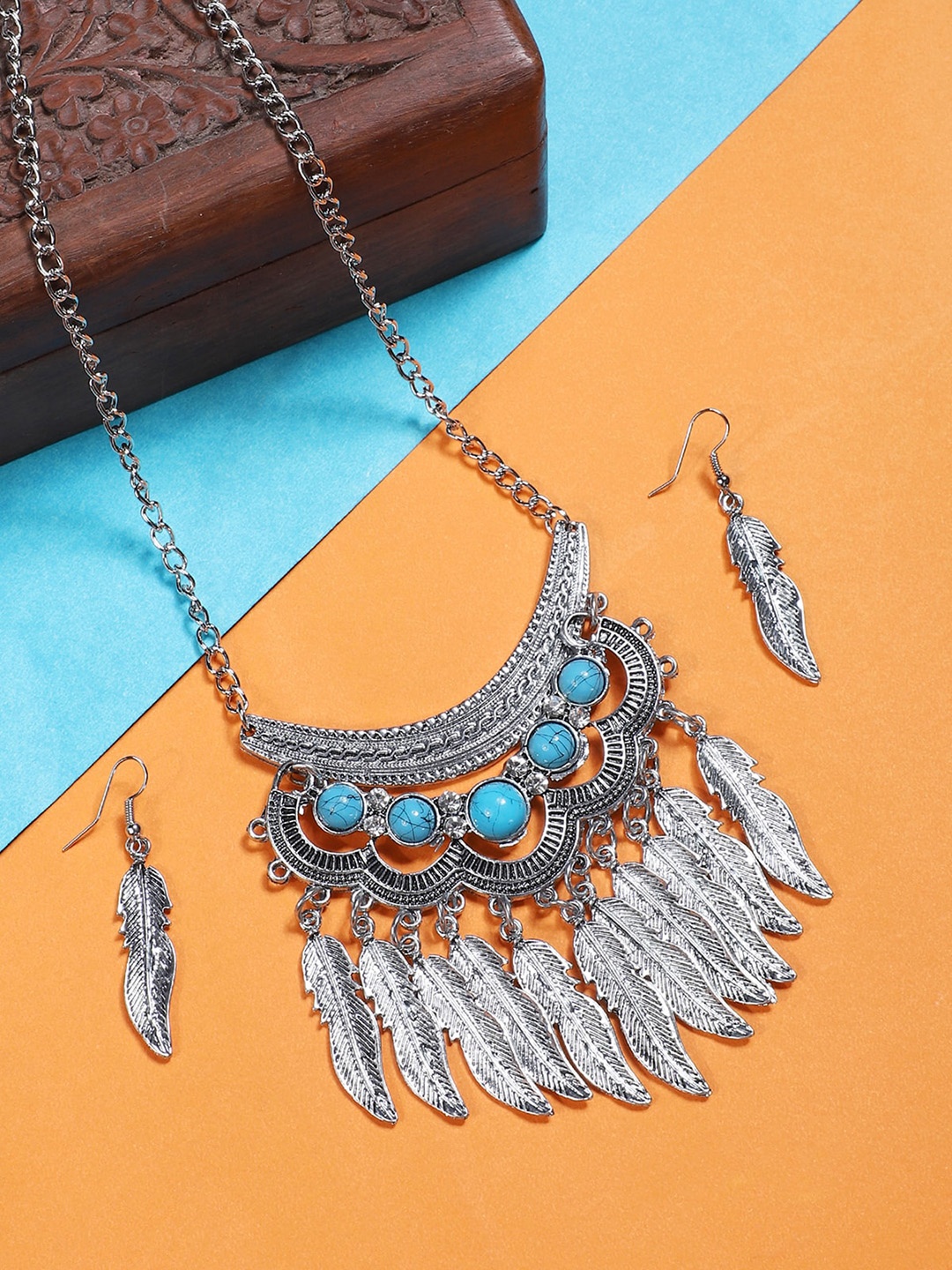 

AQUASTREET Oxidised Antique Silver-Plated Turquoise Blue Feather Jewellery Set