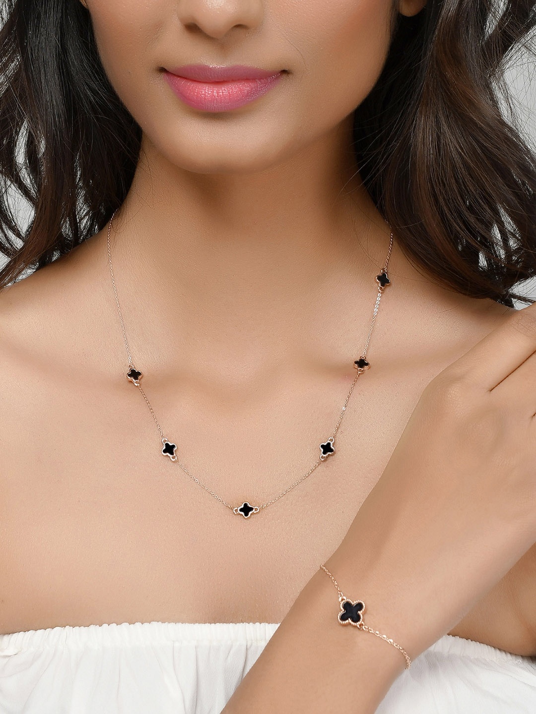 

AQUASTREET Black & Rose Gold-Toned Rose Gold-Plated Combo of Clover Necklace & Bracelet