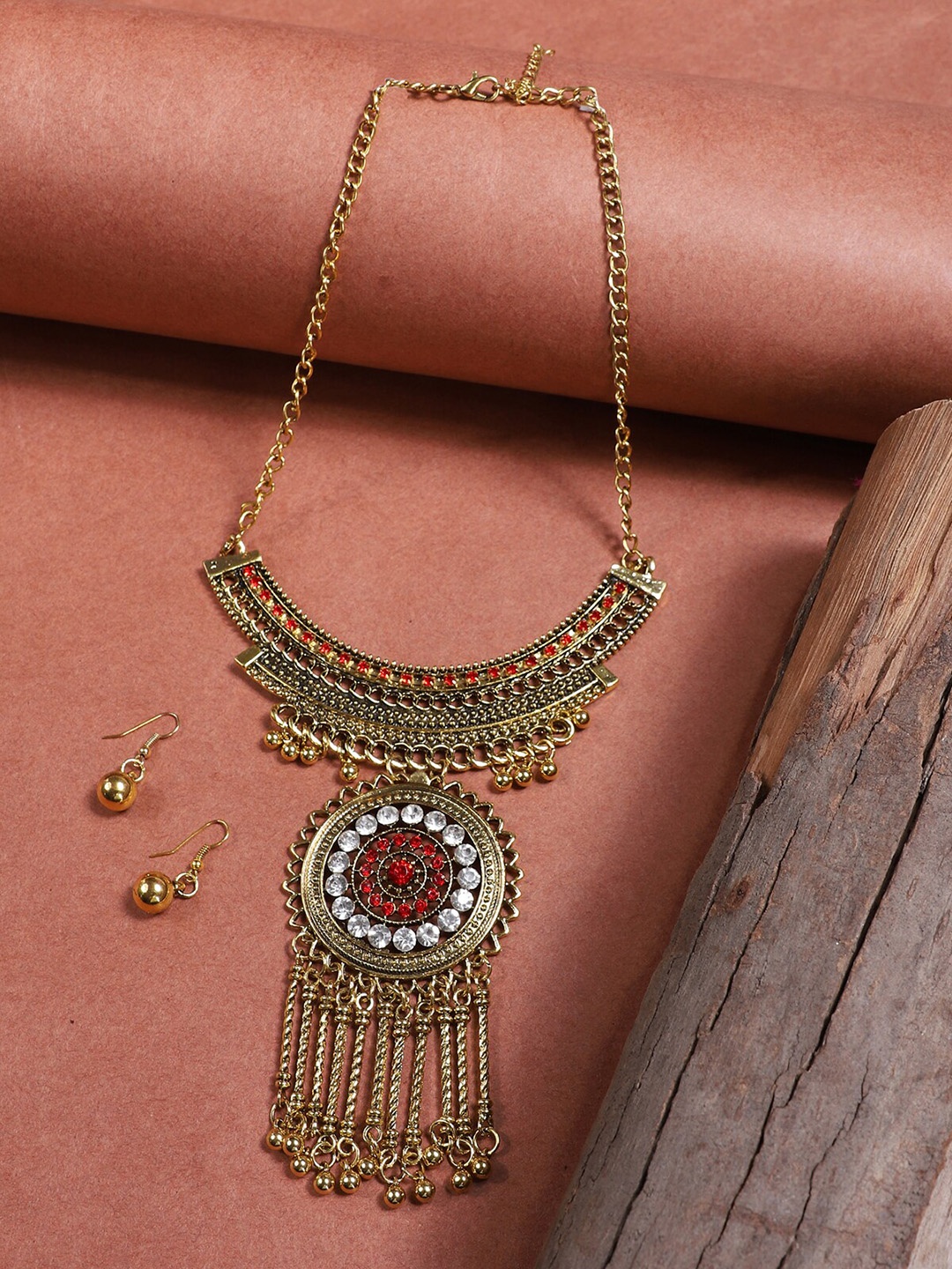 

AQUASTREET Gold-Plated & Red Stone-Studded Jewellery Set