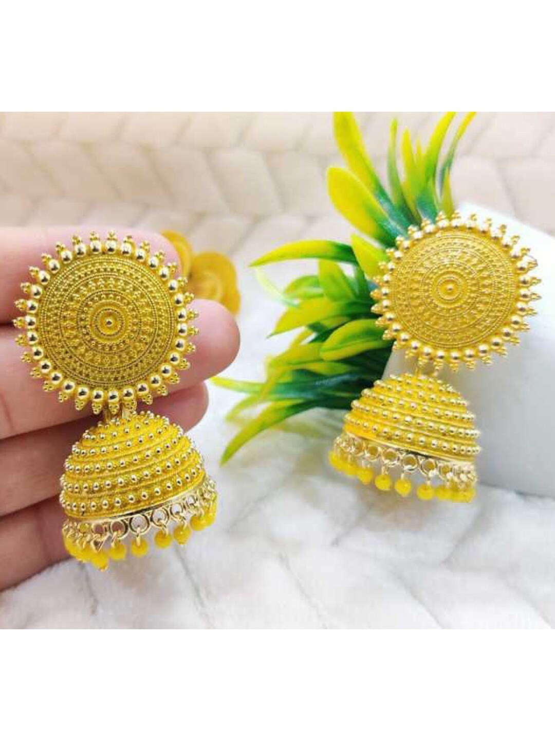 

Vembley Yellow Dome Shaped Gold-Plated Drop Earrings