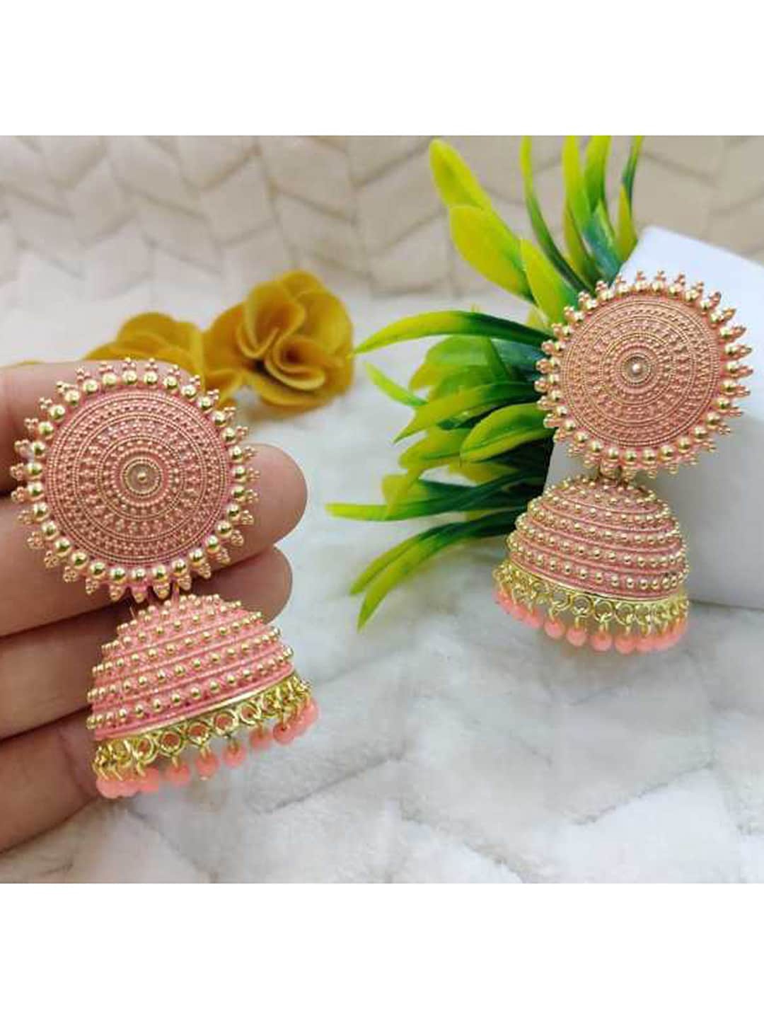 

Vembley Gold-Plated Peach-Coloured Dome Shaped Jhumkas