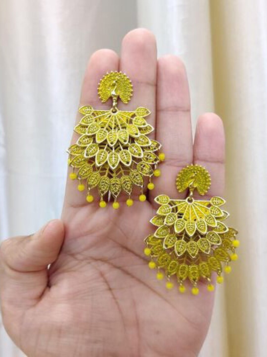

Vembley Yellow Peacock Shaped Gold-Plated Drop Earrings