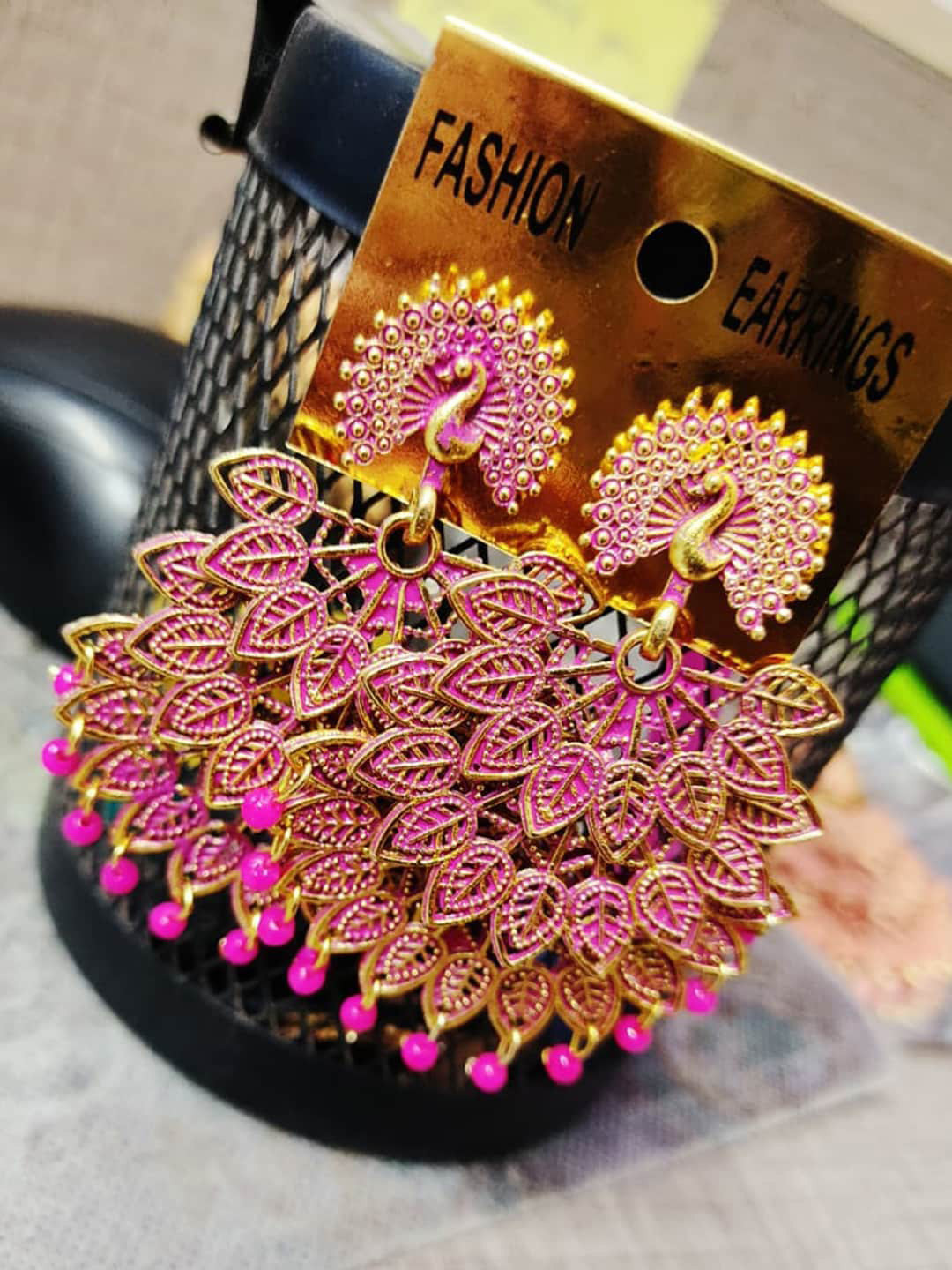 

Vembley Pink & Gold-Toned Peacock Shaped Gold-Plated Chandbalis Earrings