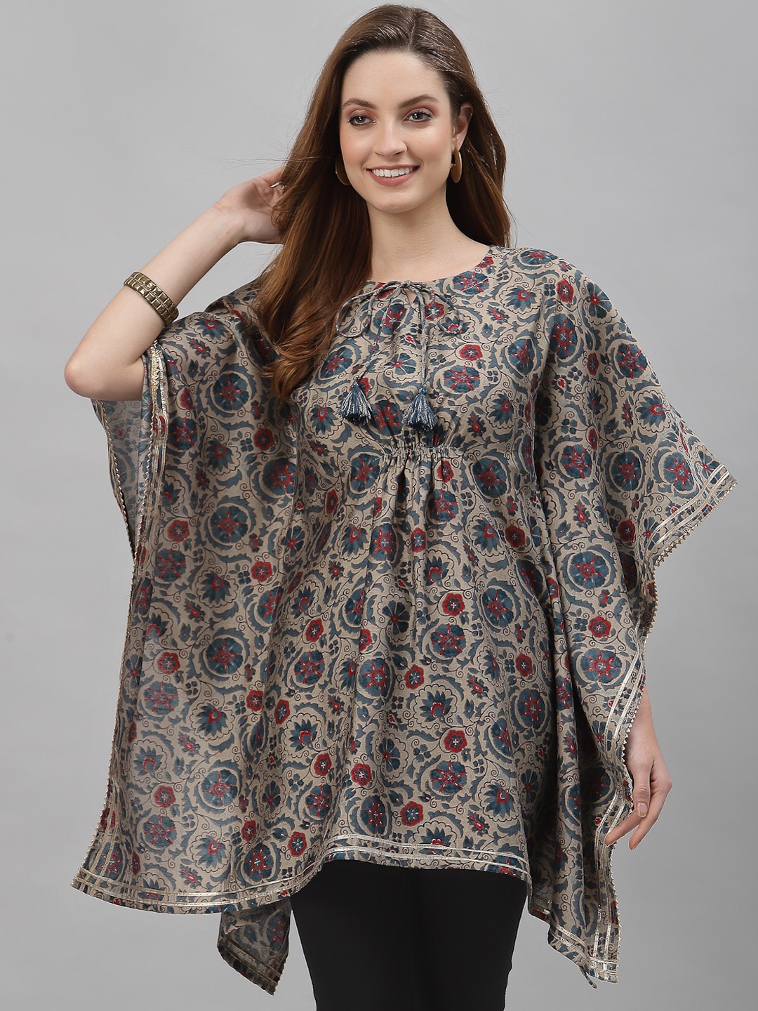 

TANKHI Women Beige Floral Printed Kaftan Modal Kurta