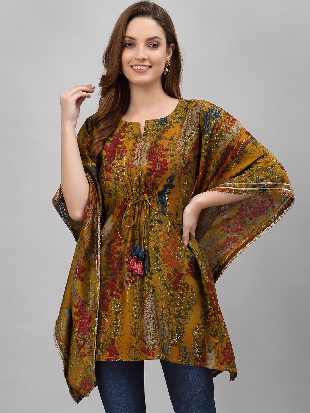 

TANKHI Women Yellow & Pink Floral Printed Kaftan Kurta