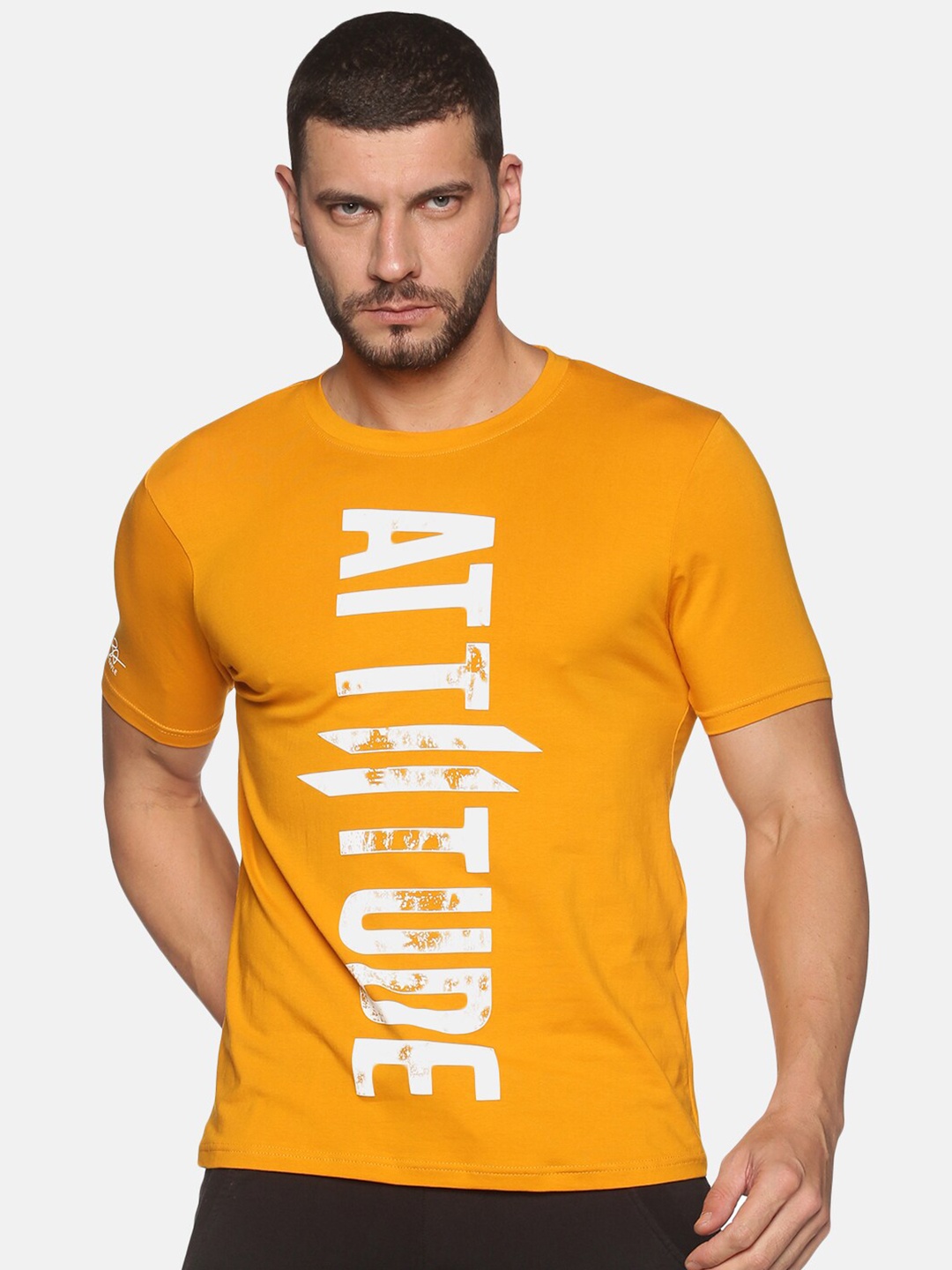 

ATTIITUDE Men Mustard Yellow Typography Printed ClimaCool Applique Slim Fit T-shirt
