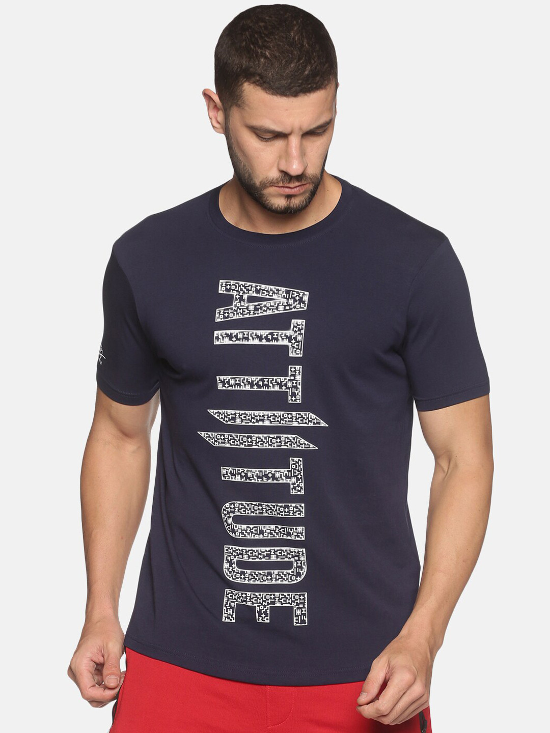 

ATTIITUDE Men Navy Blue Typography Printed ClimaCool Raw Edge Slim Fit T-shirt