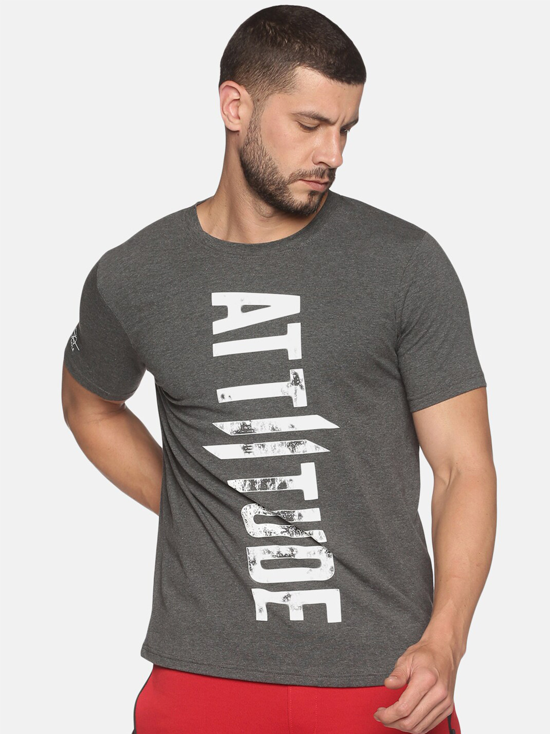 

ATTIITUDE Men Charcoal Typography Printed Slim Fit T-shirt