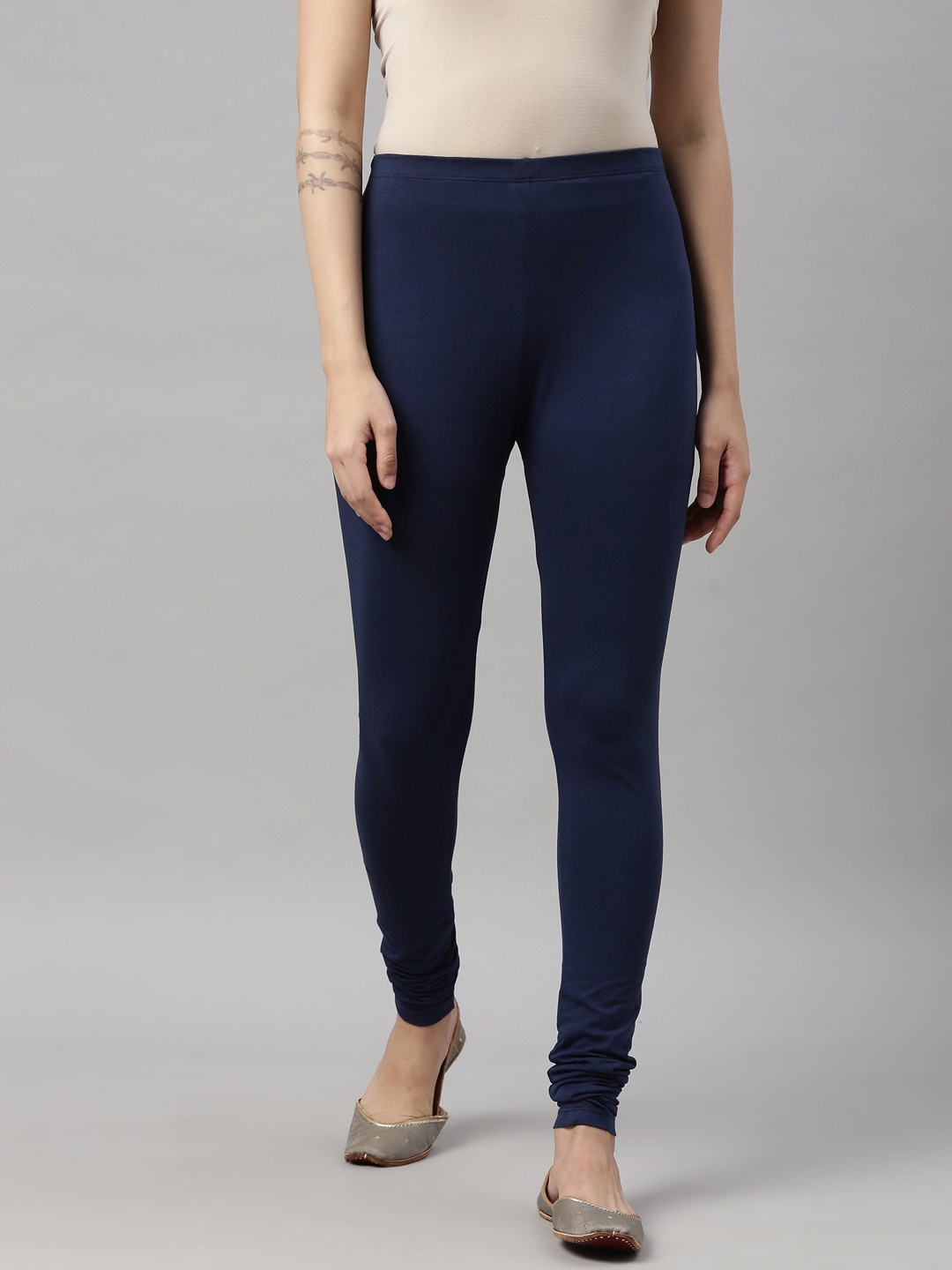 

GOLDSTROMS Women Plus Size Navy Blue Cotton Four Way Stretch Churidar-Length Leggings