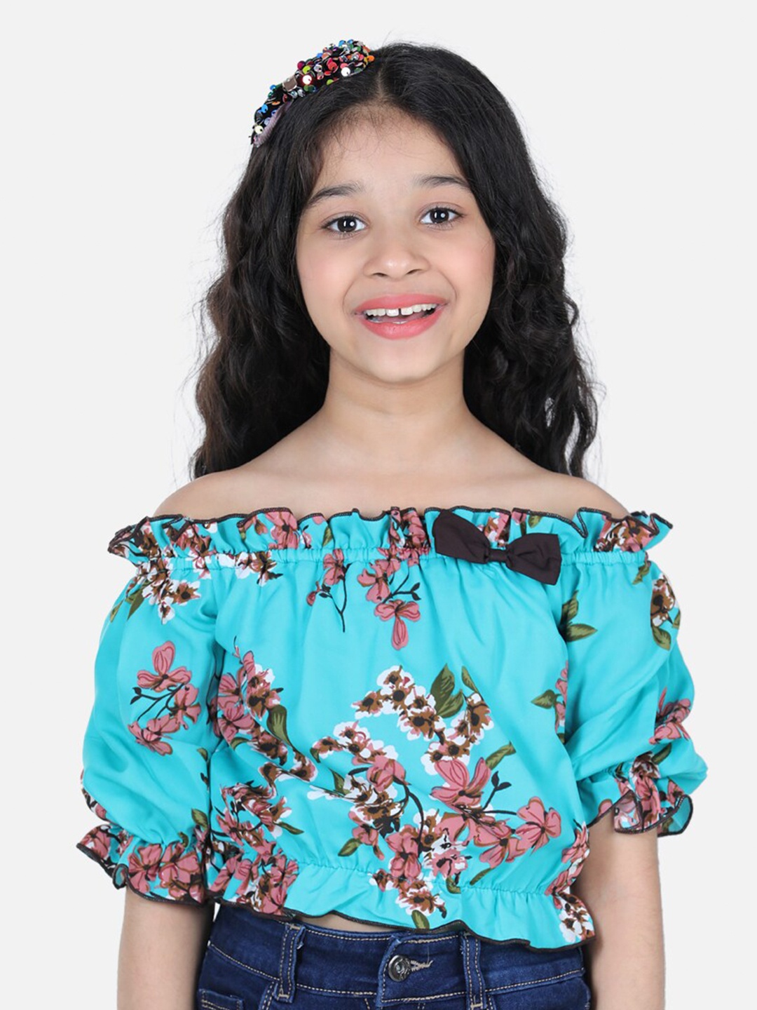 

Cutiekins Girls Blue Floral Print Off-Shoulder Crepe Bardot Top