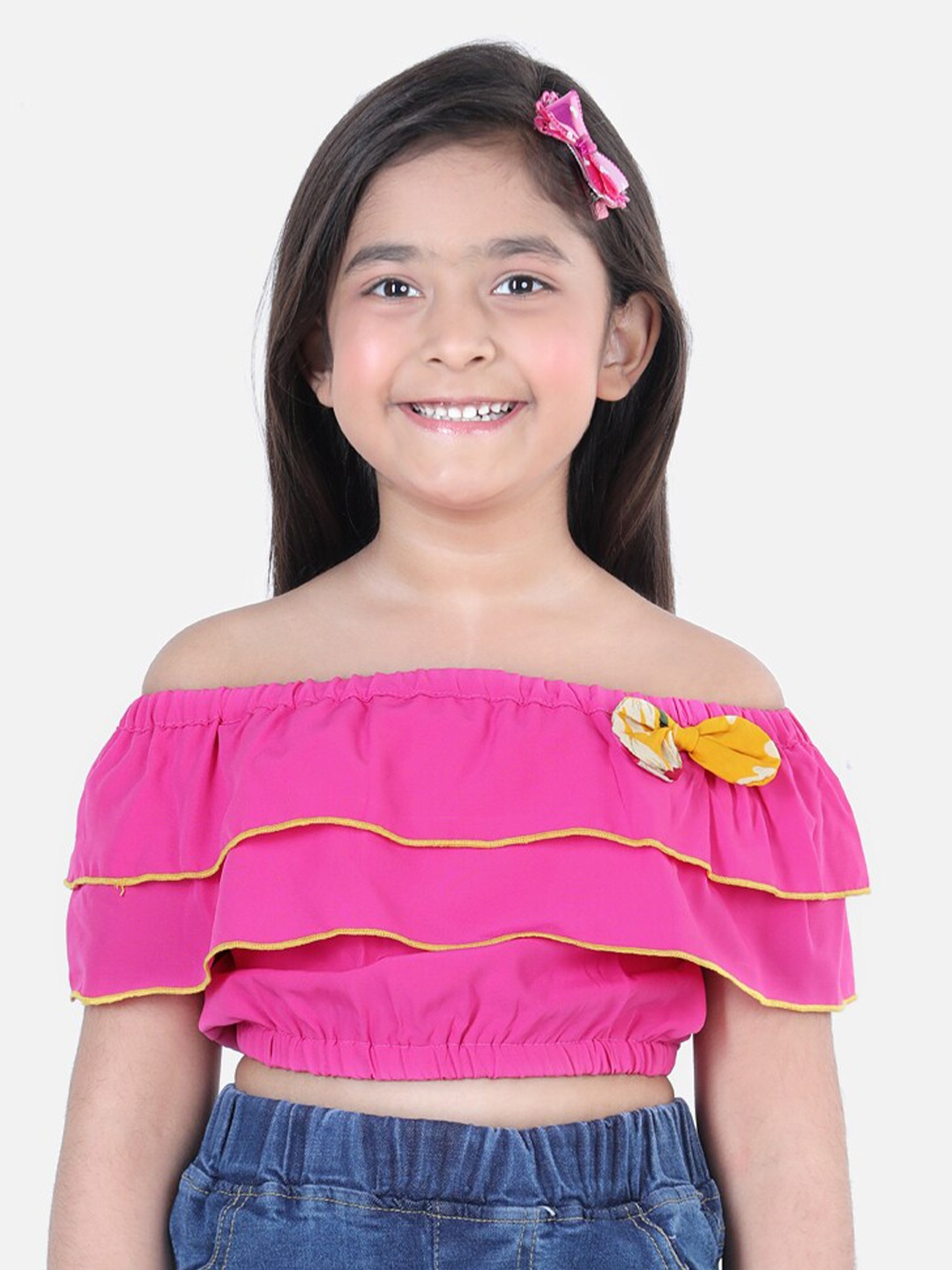 

Cutiekins Girls Pink Off-Shoulder Crepe Bardot Top