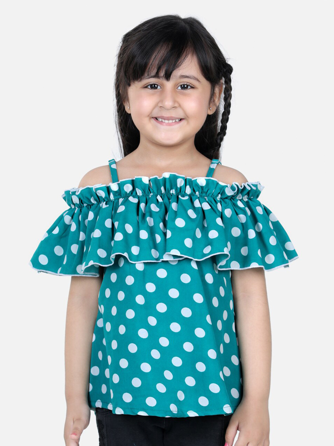 

Cutiekins Girls Turquoise Blue & White Polka Dot Print Off-Shoulder Crepe Top