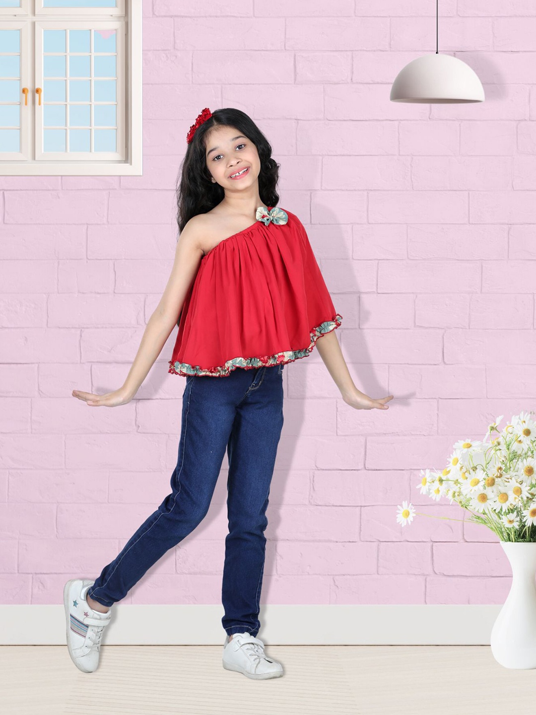 

Cutiekins Girls Red Ruffled One Shoulder Top
