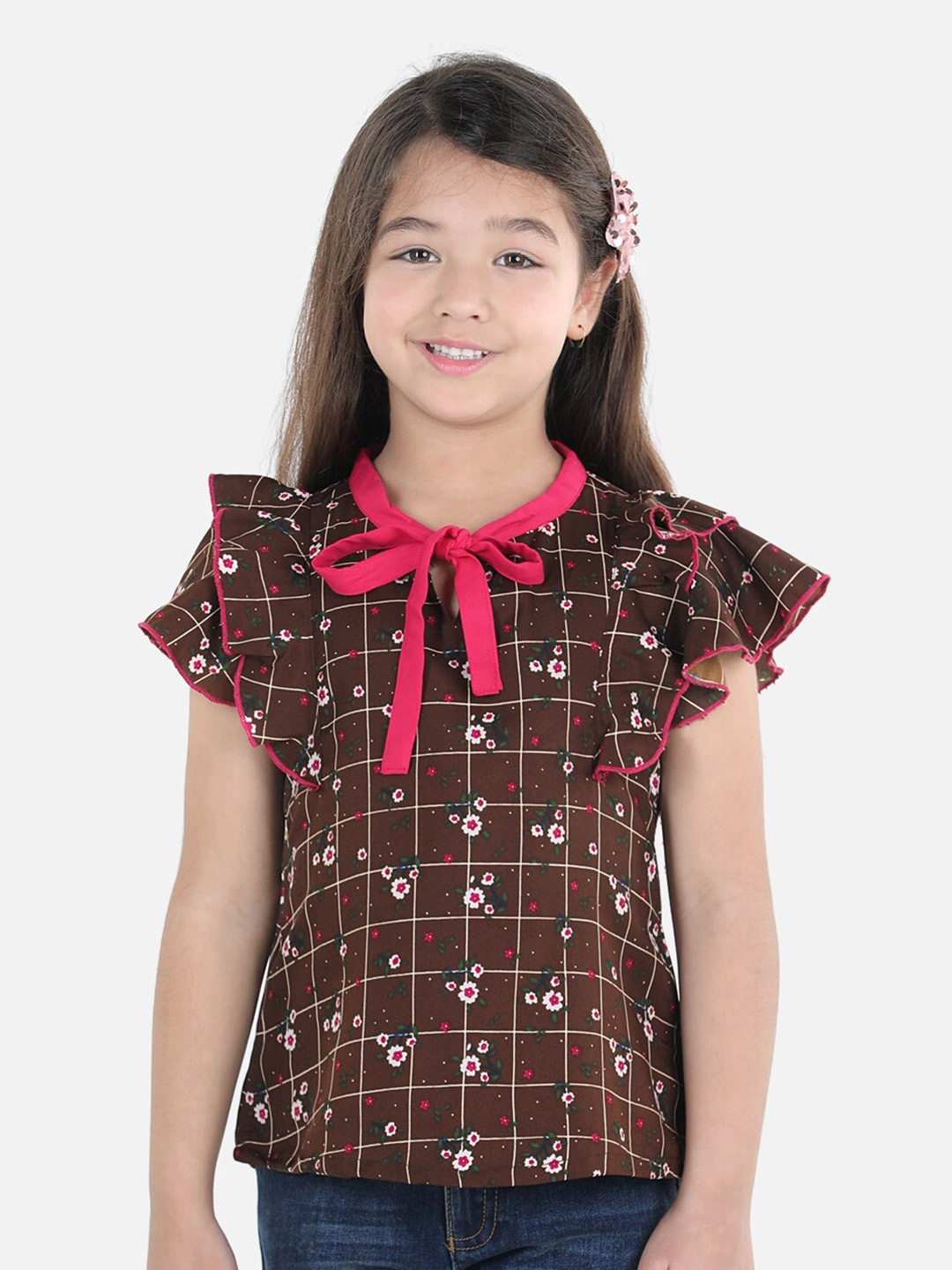 

Cutiekins Girls Brown & Pink Floral Print Tie-Up Neck Crepe Top