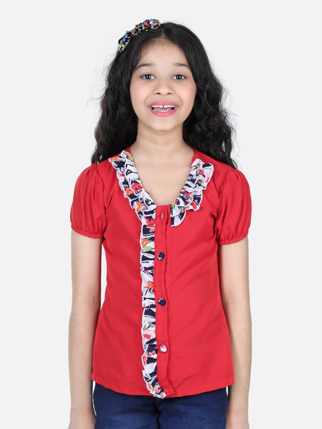 

Cutiekins Girls Red & White Ruffles Crepe Shirt Style Top