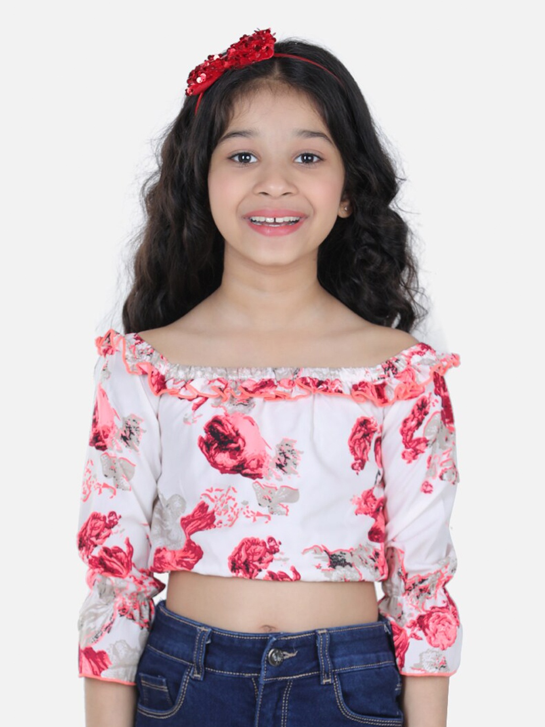 

Cutiekins Girls White & Red Floral Print Off-Shoulder Crepe Bardot Crop Top