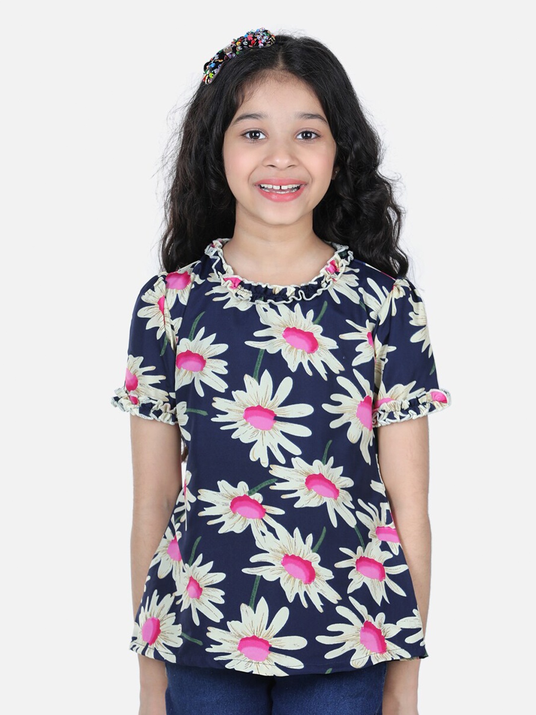 

Cutiekins Girls Navy Blue & Pink Floral Printed Crepe Top