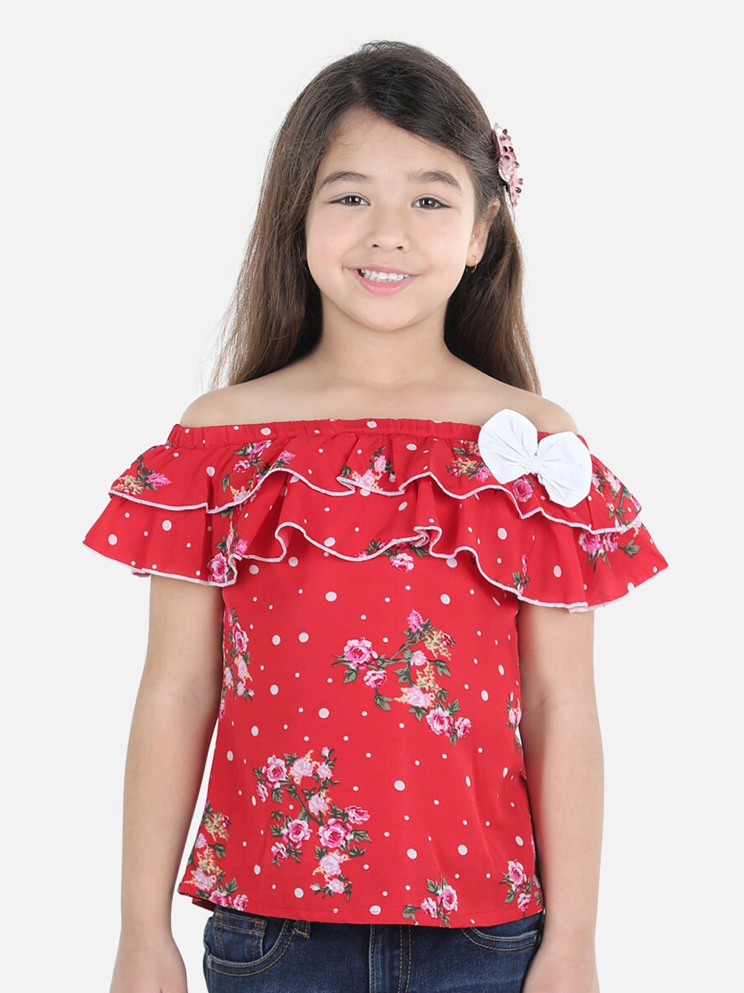 

Cutiekins Girls Red & Pink Floral Print Off-Shoulder Ruffles Crepe Bardot Top