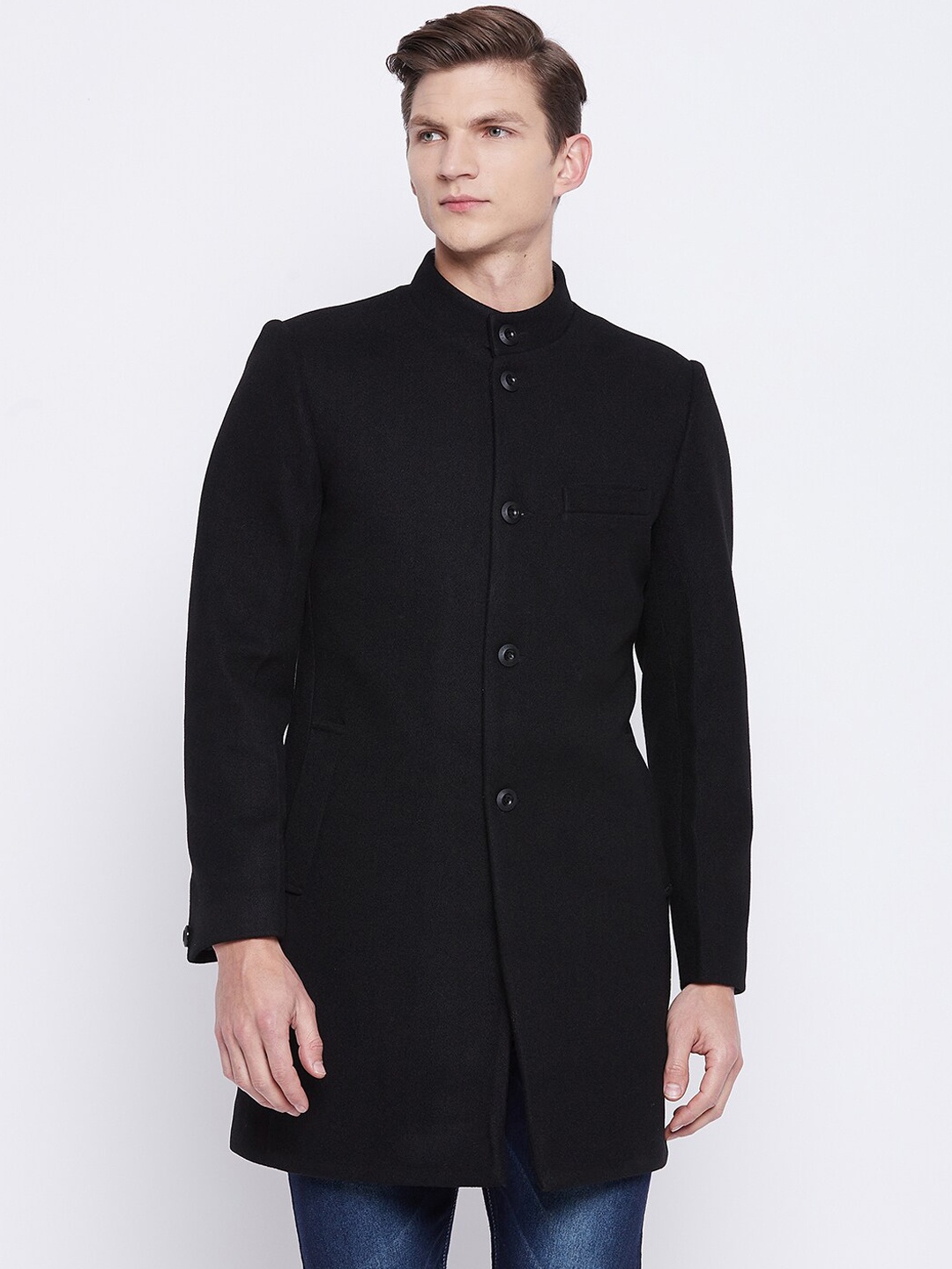 

Okane Men Black Solid Overcoat