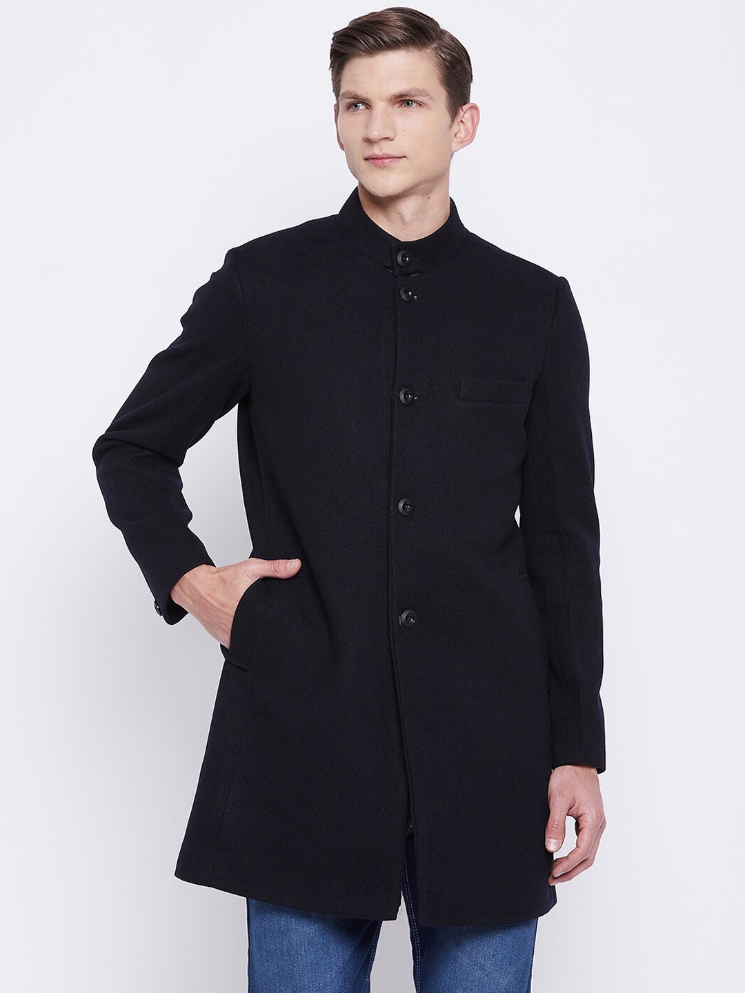 

Okane Men Navy Blue Solid Overcoat