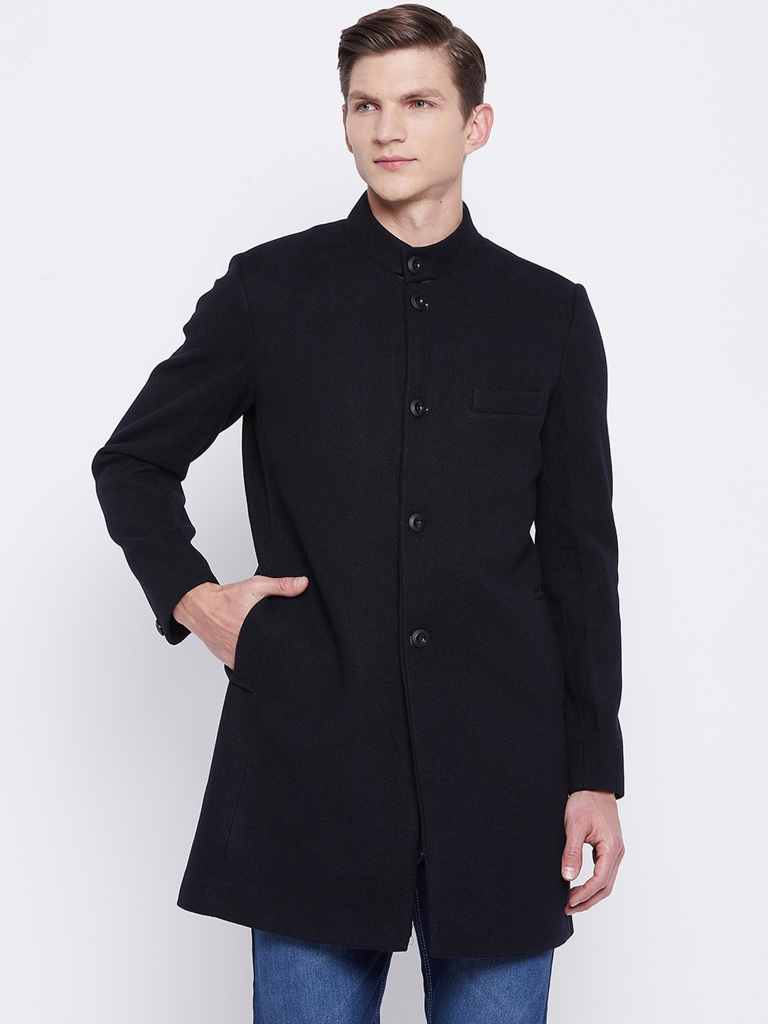 

Okane Men Navy Blue Solid Overcoat