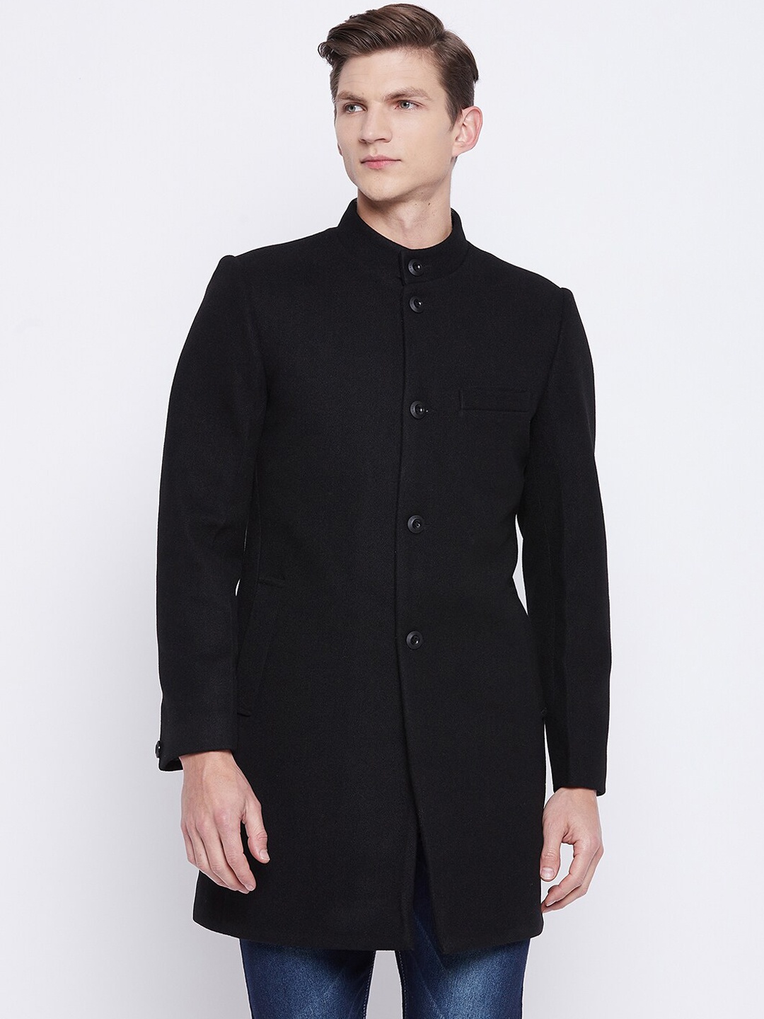 

Okane Men Black Solid Woolen Overcoat